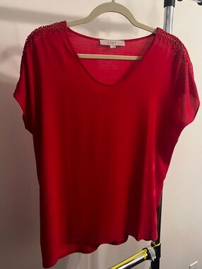 LOFT Red Short-Sleeve Scoop Neck Top with Shoulder Crochet Size Small